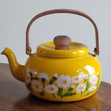 Vintage Yellow Enamel Teapot Wooden Handle Daisy Flowers MCM Retro / READ picture
