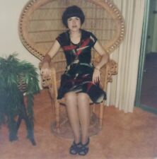 Vintage Polaroid Photo Cute Lady Pretty Dress Wicker Chair Found Art Snapshot picture