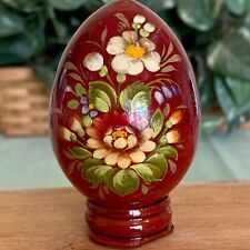 Vintage Russian Hand Painted Red Lacquer Wooden Egg on Stand Floral Flowers 2.75 picture