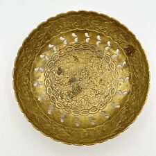 Vintage Ornate Solid Brass Footed Reticulated Bowl Hand Tooled Flowers Patina picture