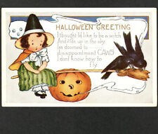 Little Halloween Witch Girl Can't Fly Broom Ghost JOL Crow Whitney WH13 PostCard picture
