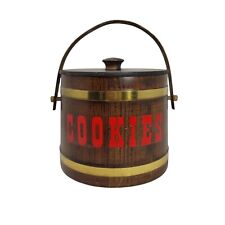 Vintage 70s Wooden Barrel Shaped Cookie Jar Handle Lid Red Letters Cabin decor picture