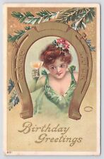 Julius Bien~c1905~Birthday Greetings~Lady In Gold Good Luck Horseshoe~Pine Tree picture