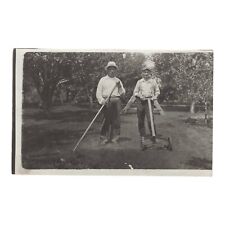 Antique RPPC Two Men Working In The Yard Lawn Mower Real Photo Postcard picture