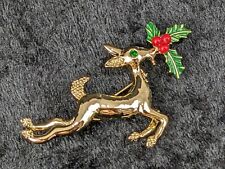 Vintage LEAPING REINDEER pin/brooch Signed Gerry's Christmas Holly 2-1/2