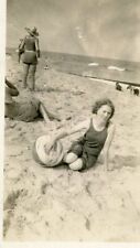 BEACH WOMAN  Black And White ANTIQUE FOUND PHOTO Snapshot VINTAGE 44 LA 84 S picture