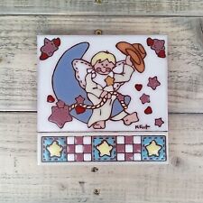 Vintage 1990 Earthtones Hanging Tile Wall Art Clay Cowboy Angel on Moon *CHIP* picture