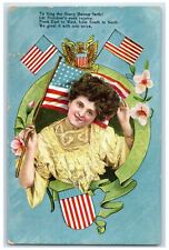 1909 Woman With Flags Patriotic Embossed Joice Iowa IA Posted Antique Postcard picture