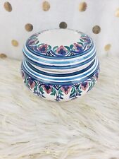 Vintage Signed Meniva Ceramic Lidded Trinket Pink Blue Green Floral Vanity Dish picture