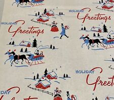 VTG CHRISTMAS WRAPPING PAPER GIFT WRAP  HOLIDAY GREETINGS 1940s SLEIGH WINTER picture