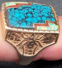 RARE Andy Lee KIRK Big 14K Gold  Opal Turquoise Black Widow SPIDER Ring Loloma  picture