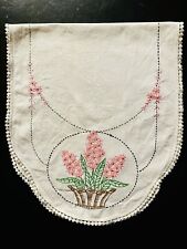 Vintage Floral Embroidered Tablerunner Linen Lace Edges 36”x15.5” picture