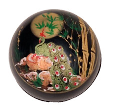 Vintage Mini Wooden Trinket Box Hand Painted Lacquer Round Black Asian Peacock picture