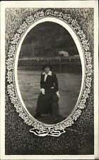 RPPC Edwardian woman fashion traveling suit water dock real photo 1904-20s PC picture