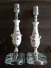 2 VINTAGE PORCELAIN ROSES BOUDOIR LAMPS  GLASS BASES PAIR EARLY MID CENTURY picture