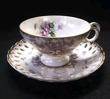 Vintage Lefton China Iridescent Teacup & Reticulated Saucer Floral Gold Accents  picture