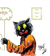 Halloween Matthew Kirscht Cat Placing The Moon Stars Hand Sketch #47 Postcard MK picture