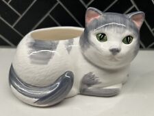 AVON Ceramic Cat Planter - Grey & White Cat/Green Eyes - 4” Tall *NEW* picture