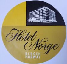 Hotel Luggage Label Norge Bergen Norway Round Baggage VINTAGE WATER ACTIVATED picture