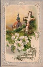 Vintage 1913 Winsch HAPPY EASTER Embossed Postcard Church Scene / Wooden Cross picture