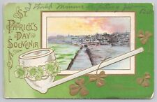 Postcard St Patricks Day Souvenir Vintage Scene with Four Leaf Clovers Pipe 1913 picture