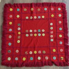 Vtg Red Wool Throw Blanket Hand Stitched Flowers Quilt Folk Art Fringe Colorful picture