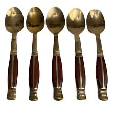Vintage MCM Jean Claude Brass and Teak Demitasse Spoons Made In Thailand Lot 5 picture