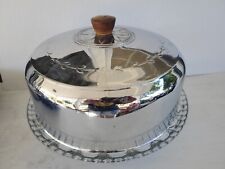 MCM COVERED CAKE PLATTER 1950’s Chrome Metal Dome Cover with Glass Platter picture