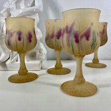 Set/4 Hebron RUEVEN Wine GLASSES Satin VTG 70-80s HAND PAINTED Art Nouveau Boho picture