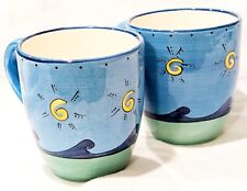 Set of 2 KIC Brushes OCEAN LIFE Waves Sun Beach Vibrant Hand Painted Coffee Mugs picture