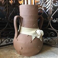 Vintage Art Pottery Vase Signed Large With Handles Terracotta Clay Leather Rare picture