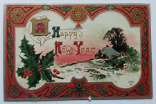 Antique 1910 A Happy New Year Winter Scene Snow House Big Holly Posted Postcard picture