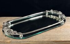 VTG  Silver Vanity Mirror Tray with Roses and Raised rail around oval tray 13”L picture