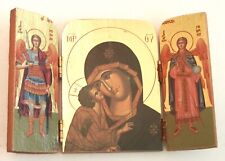 VINTAGE ORTHODOX ICON TRIPTYCH PRINT CARVED WOOD CASE picture