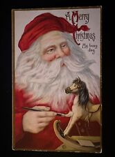 Long White Beard Santa Claus with Rocking Horse~Antique~ Christmas Postcard~k-7 picture