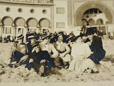 C5) Found Photo Photograph Group On Beach Sand Straw Hats 1910 - 1920's Building picture