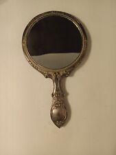 9” Vintage Antique Silver Plated Ornate Vanity Hand-Held Mirror Heavy picture