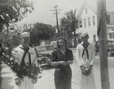 Woman & Two US Navy Sailors Standing On Sidewalk B&W Photograph 3 x 4.5 picture