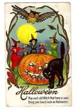 Early 1900's Halloween Postcard Black Cat, Witches Dance, Bats, Owl, Pumpkin picture