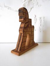 Vintage Wood Trojan Horse Hand Carved Pyrographic Design Figurine Toy Horse Art picture