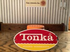 RARE VINTAGE 8” X 4” TONKA TOY METAL SIGN STORE MOUND MINNESOTA TRUCK RED YELLOW picture