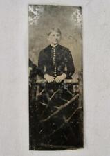 Tintype Clipped Woman Holding Gate Short Hair Long Dark Dress 3 1/4 x 1 1/4 (O) picture