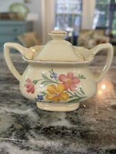 WS George Sugar Bowl Dish Lid Ivory Gold Trim Yellow Pink Blue Flowers Vintage picture