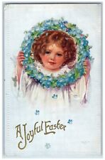 c1910's Joyful Easter Cute Little Girl Flowers Wreath Embossed Antique Postcard picture