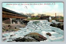 Manchester NH-New Hampshire, Amoskeag Bridge, Dam Water, c1957 Vintage Postcard picture