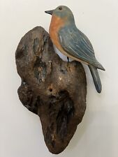 Hand Carved Hand Painted Wooden EASTERN BLUE BIRD Wired Legs Log Initialed M R picture