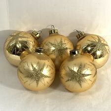 Vintage Rauch Gold Glass Christmas Ornaments 2 Tone Glitter Stars 5 Pc picture