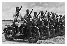 WW2 US ARMY SOLDIERS ON HARLEY DAVIDSONS HOLDING THOMPSONS SUBMACHINE 4X6 PHOTO picture