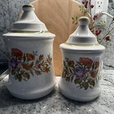 Vintage 1980 cross stitch floral ceramic canisters Beautiful Set Of 2 10” 8” picture