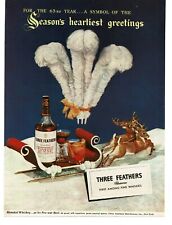 1945 Three Feathers Whiskey Christmas Decor Sleigh Reindeer Vintage Print Ad picture